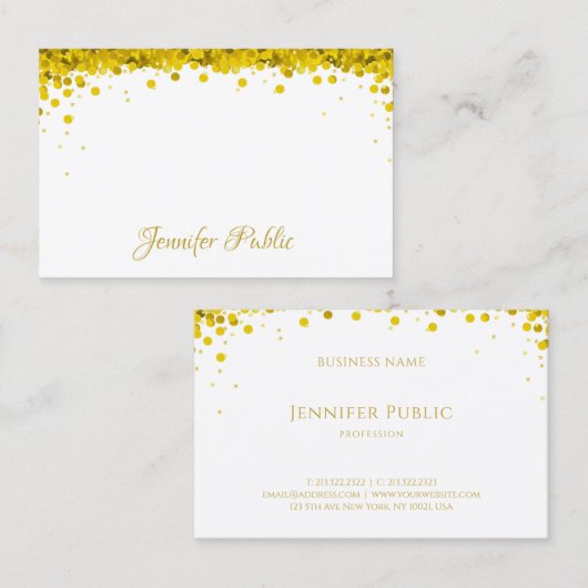 Moderner eleganter Goldconfetti-Handskript-Text Visitenkarte (Vorne/Hinten)