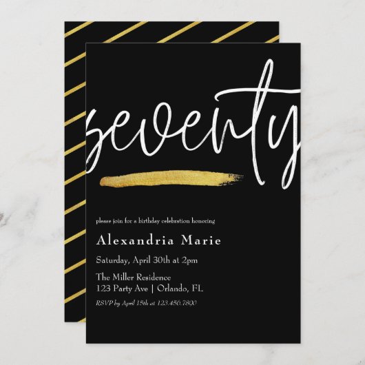 Moderner, eleganter Goldrausch 70. Geburtstag Einladung (Vorne/Hinten)
