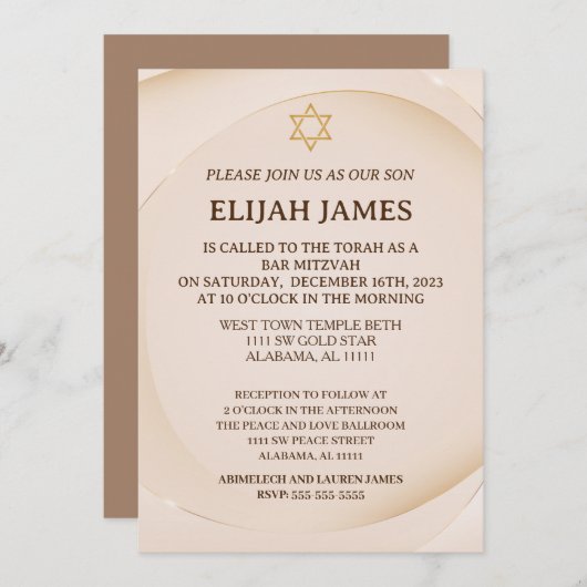 Moderner, eleganter Goldstar von David Bar Mitzvah Einladung (Vorne/Hinten)