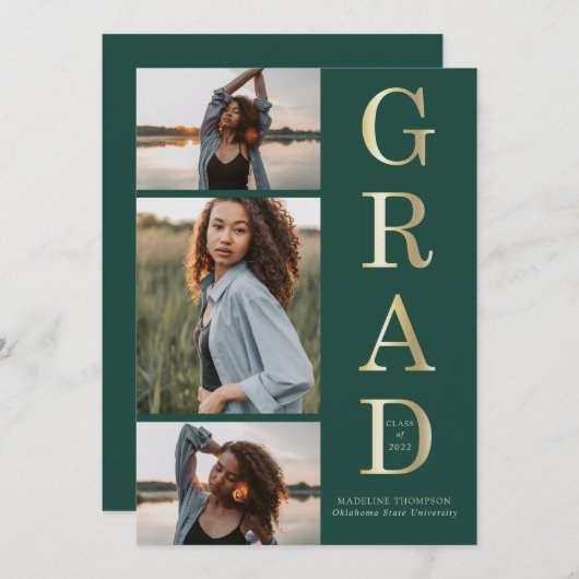 Moderner Eleganter Green Gold 3 Foto Abschluss Ankündigung (Vorne/Hinten)