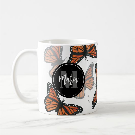 Moderner Eleganter Monarch Butterfly Mit Monogramm Kaffeetasse (Links)