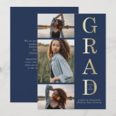 Moderner Eleganter Navy Blue Gold 3 Foto Abschluss Ankündigung (Vorne/Hinten)