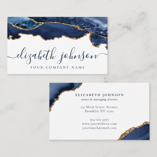 Moderner Eleganter Navy Blue Gold Glitzer Agate Ma Visitenkarte (Vorne/Hinten)