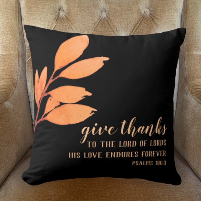 Moderner Eleganter origineller Erntedank Kissen (Give thanks Psalms Bible verse on modern black with original botanical watercolor Thanksgiving Decor)