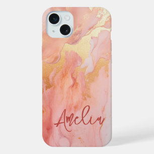 Moderner eleganter Pfirsichgoldmarmorname Personal iPhone 15 Plus Hülle