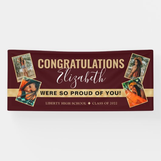 Moderner, eleganter Red Gold Foto Collage Abschlus Banner (Horizontal)