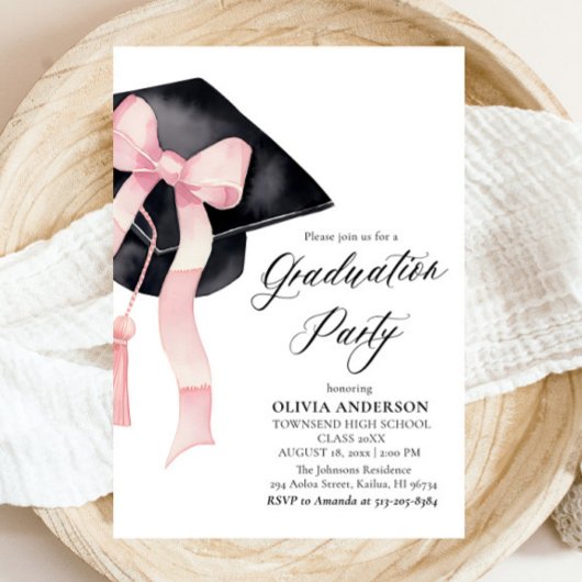 Moderner eleganter rosa Bow Graduation Cap Abschlu Einladung