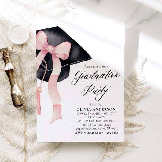 Moderner eleganter rosa Bow Graduation Cap Abschlu Einladung