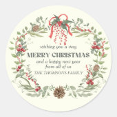 Moderner Eleganter Roter Grüner Weihnachtsblumenre Runder Aufkleber (Vorderseite)