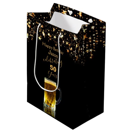 Moderner eleganter Schwarz-Gold-Glitzer Mittlere Geschenktüte (Vorderseite Schrägansicht)