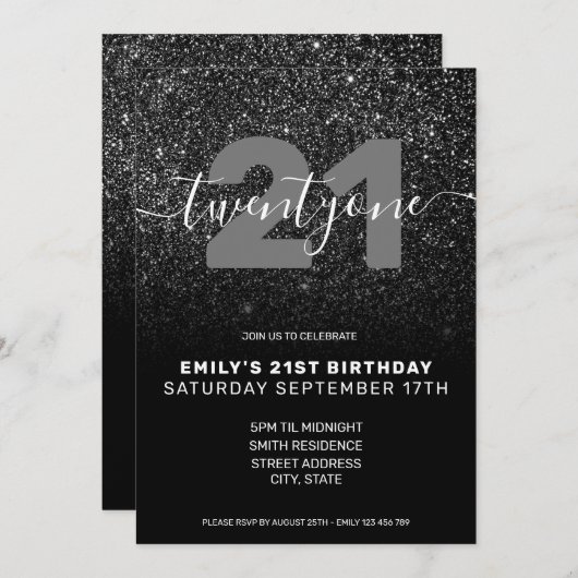 Moderner Eleganter Schwarzer Glitzer 21. Geburtsta Einladung (Vorne/Hinten)