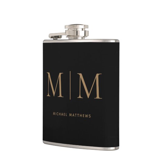 Moderner, eleganter Schwarzer Gold Mit Monogramm E Flachmann (Links)