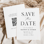 Moderner eleganter schwarzer und weißer QR-Code Save The Date<br><div class="desc">Mit unserer eleganten, modernen QR-Code-Save the Date-Karte verkünden Sie Ihre bevorstehenden Nuptials stilvoll. Das Non-Foto verfügt Save the Date über "Save the Date" in schwarzen Serifen und Skript-Schriftart mit weißem Hintergrund. Personalisieren Sie die Vorderseite der Save the Date Karte, indem Sie Ihre Namen, das Hochzeitstermin, den Hochzeitsort und andere Einzelheiten...</div>