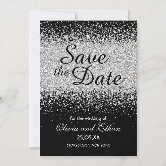 Moderner Eleganter Silver Glitzer auf Schwarz Save The Date (Vorderseite)