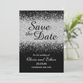 Moderner Eleganter Silver Glitzer auf Schwarz Save The Date (Stehend Vorderseite)