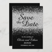 Moderner Eleganter Silver Glitzer auf Schwarz Save The Date (Vorne/Hinten)