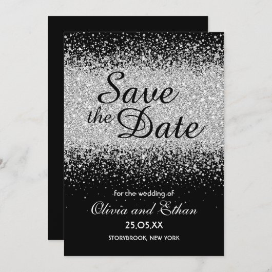 Moderner Eleganter Silver Glitzer auf Schwarz Save The Date (Vorne/Hinten)