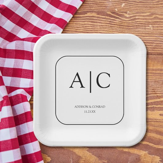 Moderner, eleganter weißer Mongram-Hochzeitsplatz Pappteller