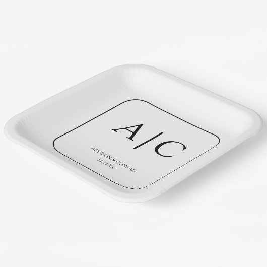 Moderner, eleganter weißer Mongram-Hochzeitsplatz Pappteller (Gewinkelt)