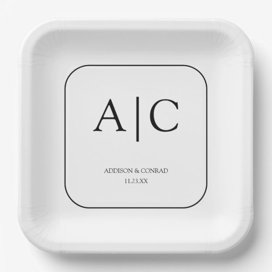 Moderner, eleganter weißer Mongram-Hochzeitsplatz Pappteller (Vorderseite)