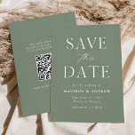 Moderner Elegantsage Green QR Code Save The Date<br><div class="desc">Mit unserer eleganten, modernen QR-Code-Save the Date-Karte verkünden Sie Ihre bevorstehenden Nuptials stilvoll. Das Non-Foto bietet Save the Date "Save the Date" in weißen Serifen und Skript-Schriftart mit einem sage-grünen Hintergrund. Personalisieren Sie die Vorderseite der Save the Date Karte, indem Sie Ihre Namen, das Hochzeitstermin, den Hochzeitsort und andere Einzelheiten...</div>