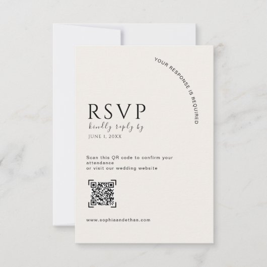 Moderner Elfenbein-Editorial-QR-Code-Hochzeits-RSV RSVP Karte (Vorderseite)