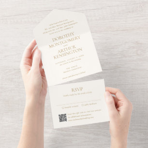Moderner Elfenbein und Gold QR-Code Elegante Hochz All In One Einladung