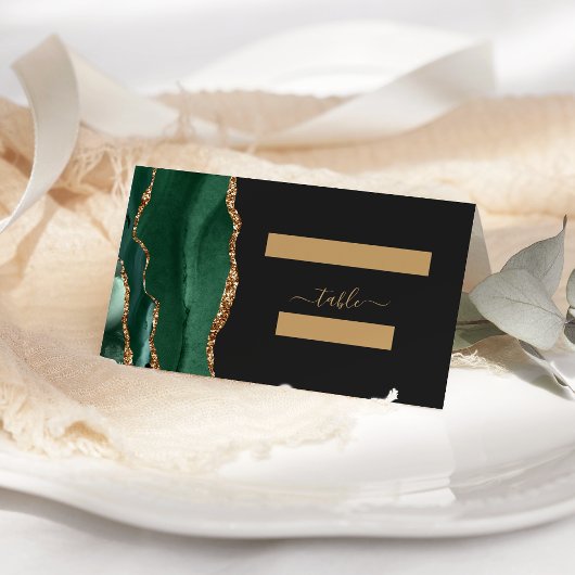 Moderner Emerald Green Gold Agate Wedding Table Platzkarte