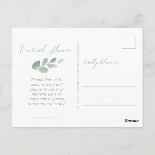 Moderner Eucalyptus Green Watercolor Virtual Dusch Postkarte (Rückseite)