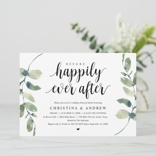 Moderner Eukalyptus, Hochzeit-Probe-Dinner Einladung (Stehend Vorderseite)