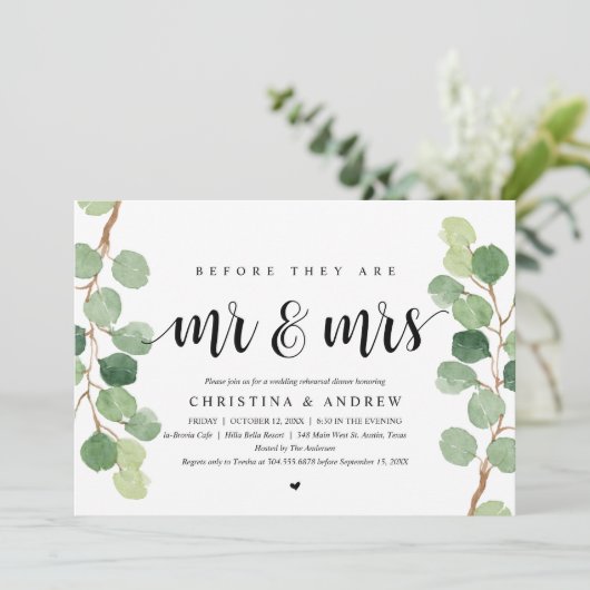 Moderner Eukalyptus, Hochzeit-Probe-Dinner Einladung (Stehend Vorderseite)