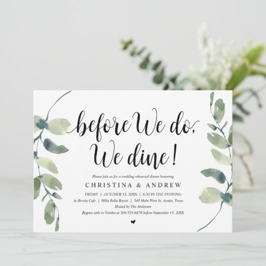 Moderner Eukalyptus, Hochzeit-Probe-Dinner Einladung (Stehend Vorderseite)
