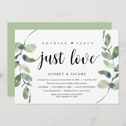 Moderner Eukalyptus, Hochzeitliches Elopement-Part Einladung (Vorne/Hinten)