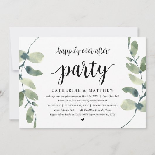 Moderner Eukalyptus, Schwarz, Hochzeitsfeier Party Einladung (Vorderseite)