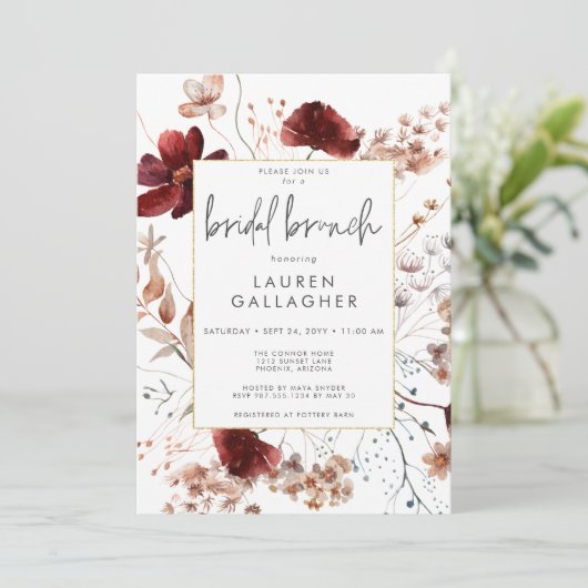 Moderner Fall Rust Wildblume Rahmen Bridal Brunch Einladung (Stehend Vorderseite)