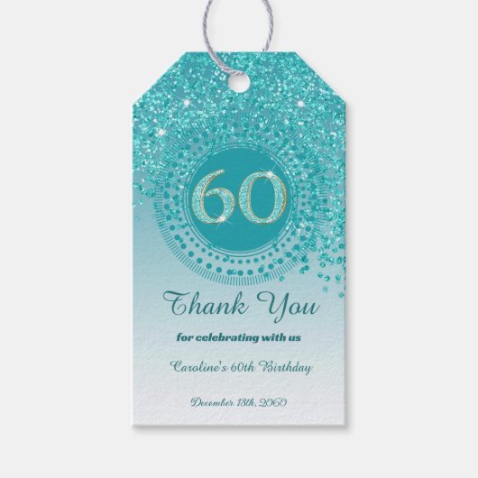 Moderner Falling Aquamarin Blue Glitzer 60. Geburt Geschenkanhänger (Vorderseite)