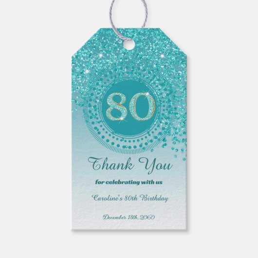 Moderner Falling Aquamarin Blue Glitzer 80. Geburt Geschenkanhänger (Vorderseite)