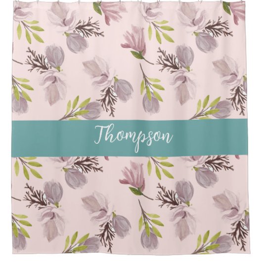 Moderner Familienname niedliche Blumenschrift pink Duschvorhang (Vorderseite)