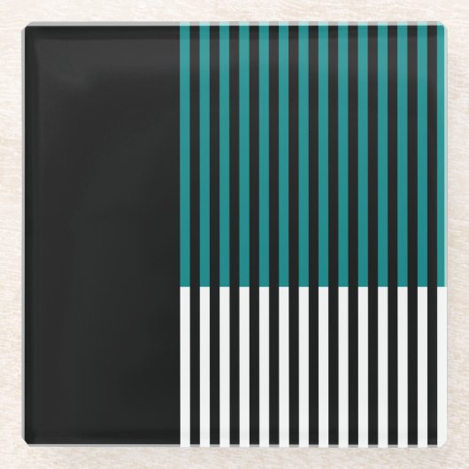 Moderner Farbblock Aquamariner Schwarz-weißer Stre Glasuntersetzer (Vorderseite)