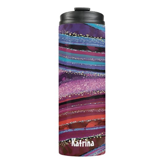 Moderner farbenfroher gestreifter Glitzer Agate Ma Thermosbecher (Vorderseite)