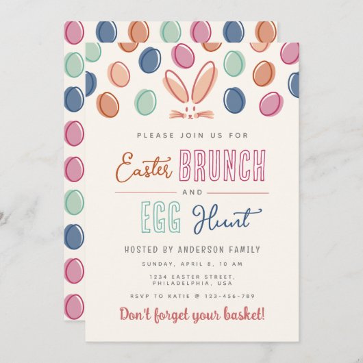 Moderner, farbenfroher Osterhase Brunch & Eierjagd Einladung (Vorne/Hinten)