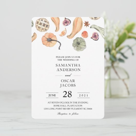 Moderner, farbenfroher Pumpkin Herbst Einladung (Stehend Vorderseite)