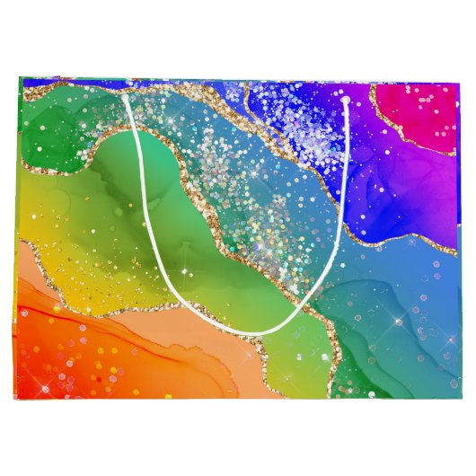 Moderner, farbenfroher Regenbogen-Glitzer Geburtst Große Geschenktüte (Rückseite)