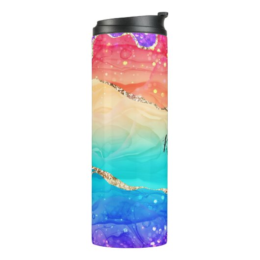 Moderner, farbenfroher Regenbogen-Glitzer Thermosbecher (Nach links gedreht)