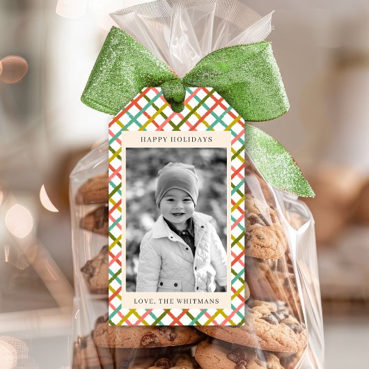 Moderner, farbenfroher Weihnachtsurlaub im Foto Geschenkanhänger