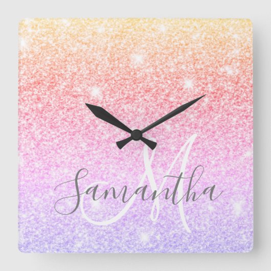 Moderner farbiger Glitzer Glitzern Personalisiert Quadratische Wanduhr (Vorderseite)