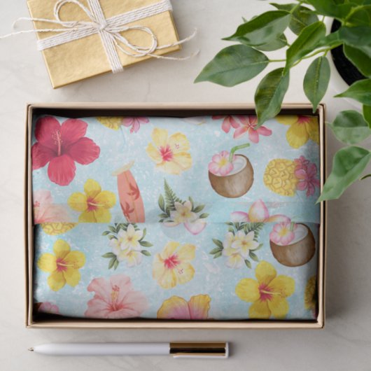 Moderner farbiger Hibiskus aus Hawaii in blau Seidenpapier (Geschenk)