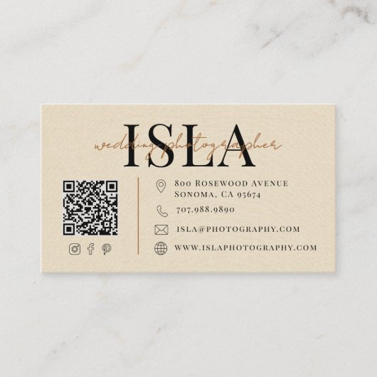 Moderner Faux-Leinen-Hochzeitsfotograf QR-Code Visitenkarte (Vorderseite)