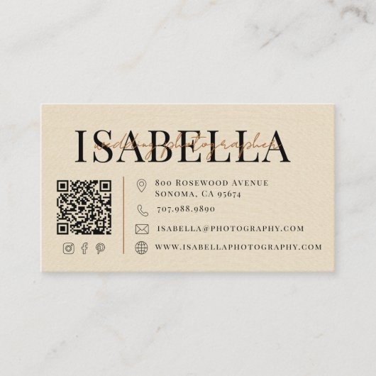 Moderner Faux-Leinen-Hochzeitsfotograf QR-Code Visitenkarte (Vorderseite)