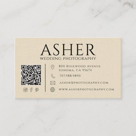 Moderner Faux-Linen-Hochzeitsfotograf QR-Code Visitenkarte (Vorderseite)